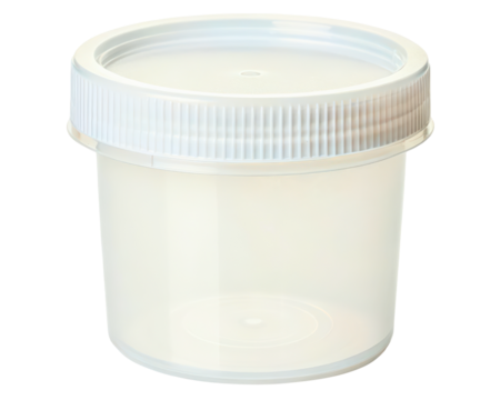Empty sterile plastic specimen container with a screw top lid on a transparent background