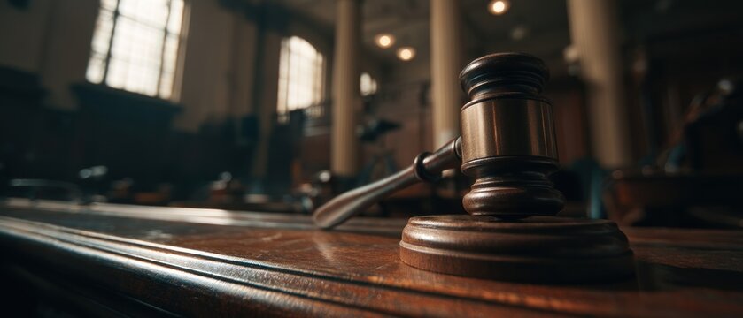 Judges gavel on wooden surface in courtroom setting law justice legal concept