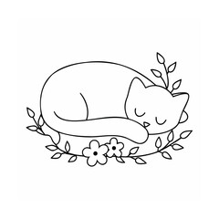 Sleeping cat surrounded by leaves flowers in outline on animal feline