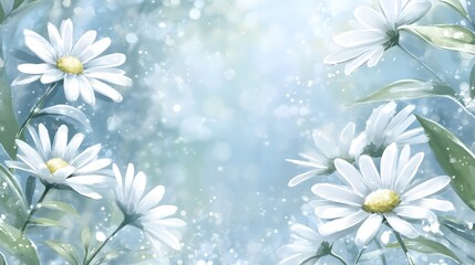 Soft Blue Bokeh Background with White Daisies Floral Art