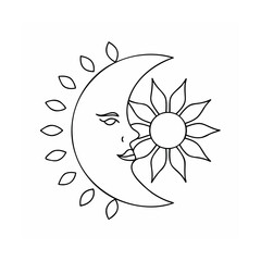Handdrawn a crescent moon with a face a sun with leaves vector