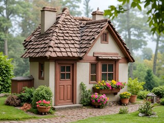 Realistic macro shot of a single charming cottage, detailed roofing shingles and window frames, blooming flowers in window boxes, isolated on a background with blurred pastel color blocks, diffused li