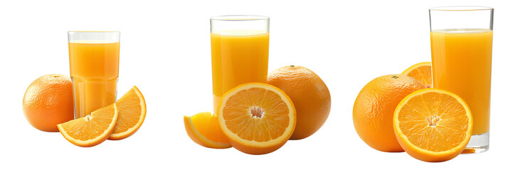Set of glasses filled with orange juice and fresh whole and sliced oranges, isolated on transparent background


