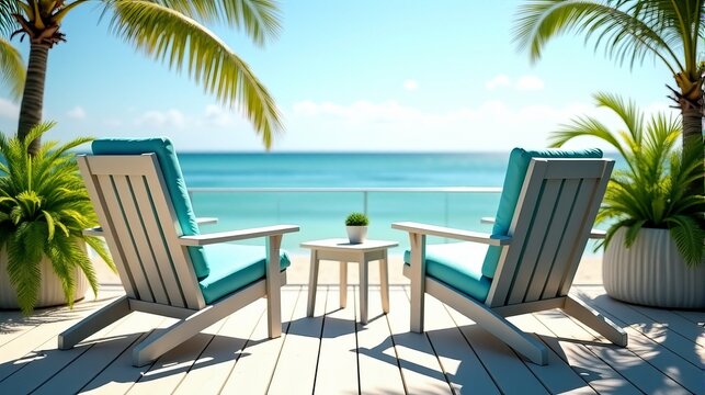 Sunny Coastal Patio with White Outdoor Chairs and Light Blue Cushions Inviting Leisurely Outdoor Enjoyment and Relaxation
