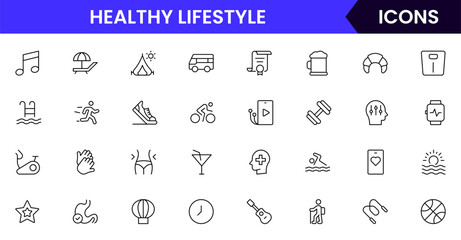 Healthy and lifestyle vector web line icon collection, sleek illustrations of fitness, travel, EV living, and wellness for vibrant, modern designs.
