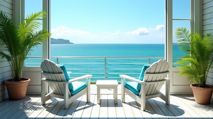 Sunny Coastal Patio with White Outdoor Chairs and Light Blue Cushions Inviting Leisurely Outdoor Enjoyment and Relaxation