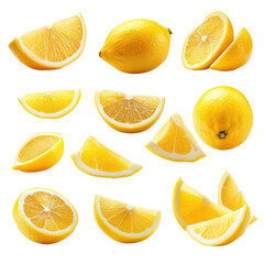 Fototapeta premium Lemon slices and whole lemon isolated on transparent background cutout