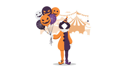 Spooky Halloween Clown with Balloons Circus Tent and Spider Illustration.