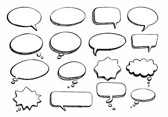 Collection of hand drawn speech bubbles and thought bubbles in various shapes