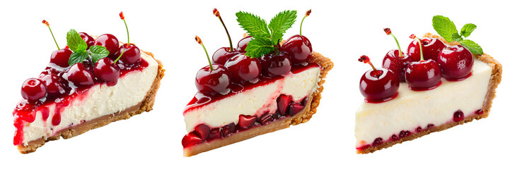 Set of cherry cheesecake slices with fresh cherries and mint, isolated on transparent background

