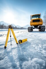 Snowy Landscape with Surveying Equipment and Heavy Machinery