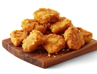 Crispy golden fried chicken tenders on a wooden cutting board isolated on a white background for tempting fast food snack or meal presentation