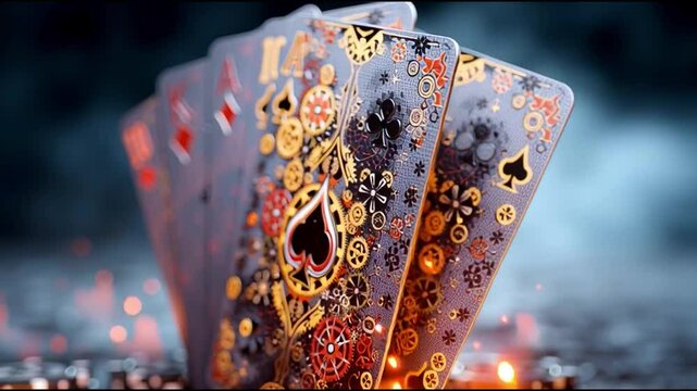 Luxury Clockwork Cards in a Poker Setup &ndash; Steampunk Fantasy Loop. Generative AI