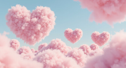 Obraz premium Whimsical pink heart shaped clouds floating in a serene light blue sky