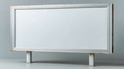 Obraz premium Blank metallic billboard with empty panel, slightly aged steel frame, no writing or decoration, mounted on double poles, clean studio setting with white background, soft shadows, photorealistic style