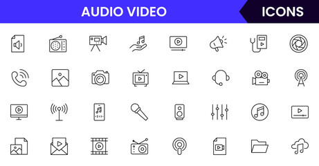 Modern vector line icons representing media tools, cameras, microphones, play buttons, and screens, perfect for digital content and broadcasting platforms.