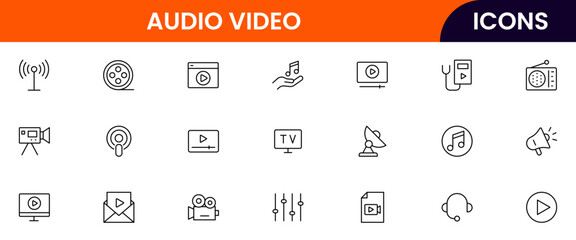 Modern vector line icons representing media tools, cameras, microphones, play buttons, and screens, perfect for digital content and broadcasting platforms.