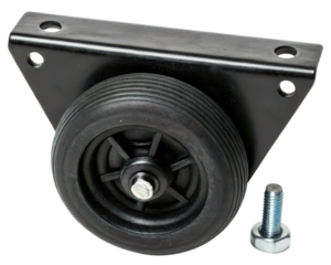Black fixed caster wheel with a mounting plate and bolt on a transparent background