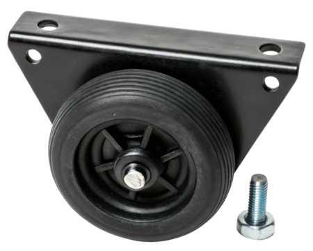 Black fixed caster wheel with a mounting plate and bolt on a transparent background