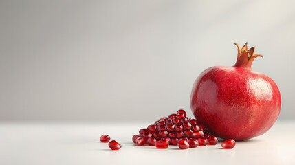 Pomegranate with seeds spilling out, isolated on white, emphasizing juicy interior and texture.