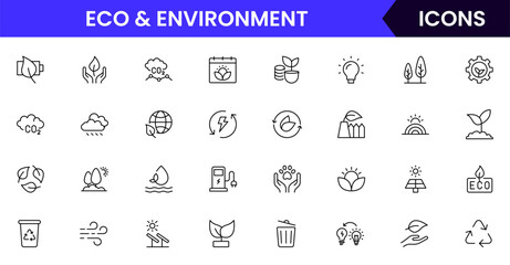 Environment vector web line icon collection, sleek illustrations of trees, recycling, and eco-friendly symbols for sustainable designs.