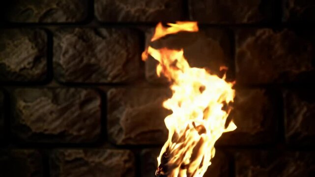 Burning torch against a brick wall in the dark, flame burning
