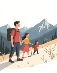 Father hiking in the mountains with his daughters
