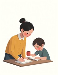 Mother helping her son with homework at the table
