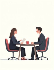 Business meeting between a man and a woman in formal suits at office table
