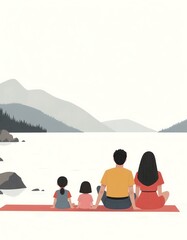 Family relaxing by the lake and enjoying scenic mountain view
