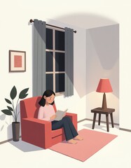 Woman reading a book in a cozy room at night
