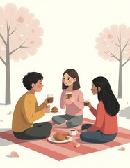 Group of friends having picnic under blossom trees, drinking coffee and enjoying snacks
