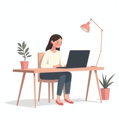 Young woman working remotely at home on a laptop, flat minimal illustration
