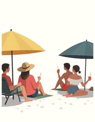 Group of people relaxing on the beach under umbrellas, drinking cold beverages
