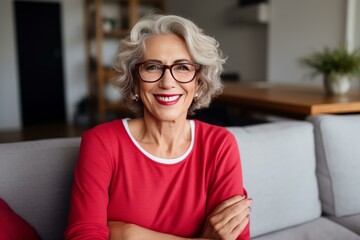 Portrait of cheerful mature woman wearing eyeglasses and red shirt relaxing on comfortable couch in modern living room, enjoying retirement