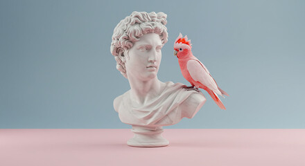 A striking pink major mitchell s cockatoo perched on the shoulder of a classical marble bust against a soft blue and pink background