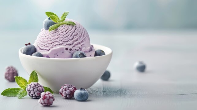 Blueberry-themed dessert, such as blueberry sorbet with fresh blueberries as garnish, set against a clean background.