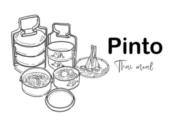 A hand-drawn illustration of a 'Pinto' (Thai traditional container) and Thai cuisine food or meals in a black and white theme, with the words 'Pinto' and 'Thai Meal'.
