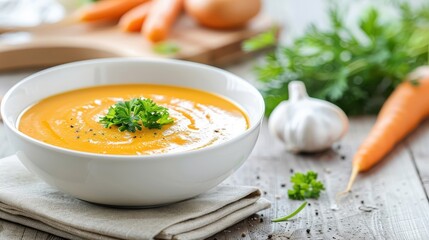 Carrot-themed dish like carrot soup or salad, featuring fresh carrots as a key ingredient, set on a clean table.