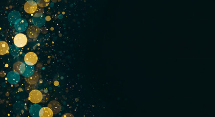 Abstract bokeh background with shimmering gold and teal circles and particles on a dark backdrop