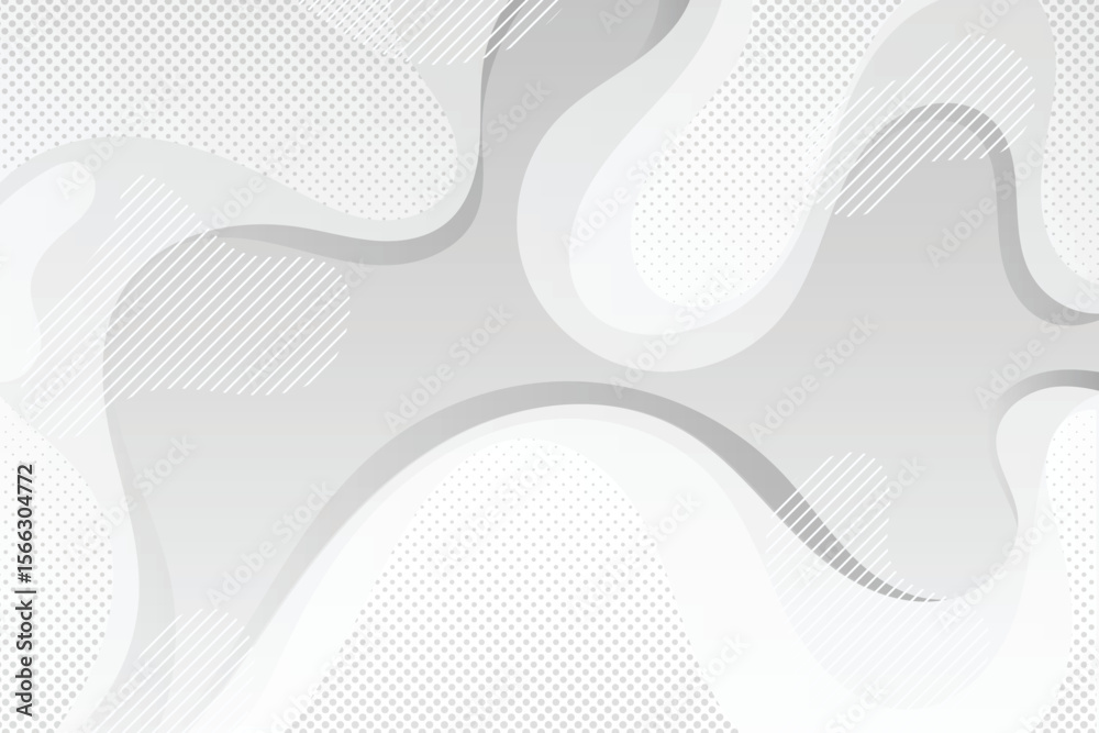 Poster abstract vector background displaying flowing shapes, lines and subtle dots in neutral grey and whit