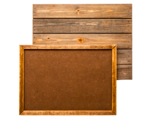 Wooden clipboard with a framed cork surface for messages on a transparent background
