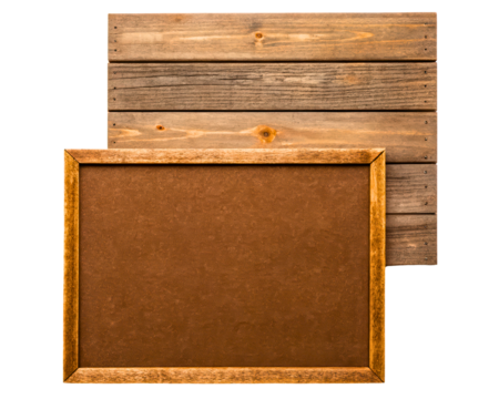 Wooden clipboard with a framed cork surface for messages on a transparent background