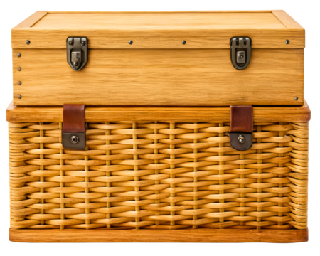 Wicker picnic hamper with a wooden lid and leather straps on a transparent background