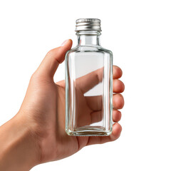 Hand Holding Clear Glass Bottle isolated on a transparent background