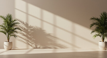 Fototapeta premium Serene interior scene with potted palm plants casting dramatic shadows on a neutral wall bathed in soft sunlight