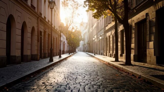 Sunlit European street with cobblestone road and classic architecture creating a serene and inviting urban atmosphere