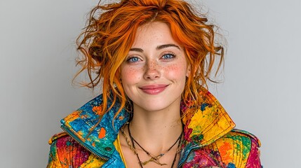 Smiling woman with curly red hair in colorful fashion jacket