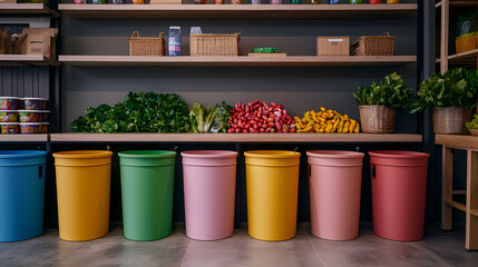 Colorful bins lined up in a kitchen with fresh vegetables and woven baskets on the shelves above.