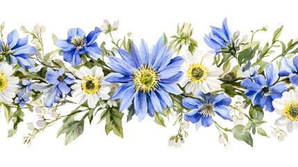 Obraz premium Watercolor Blue and White Floral Border Seamless Pattern